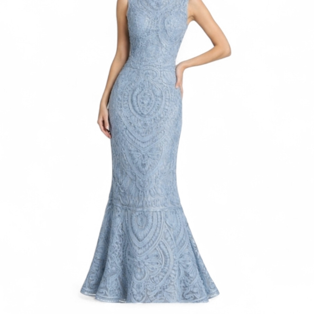 JS Collections 3D Scrolling Ribbon Ruffle Slate Blue Sleeveless Sheath Dress 10